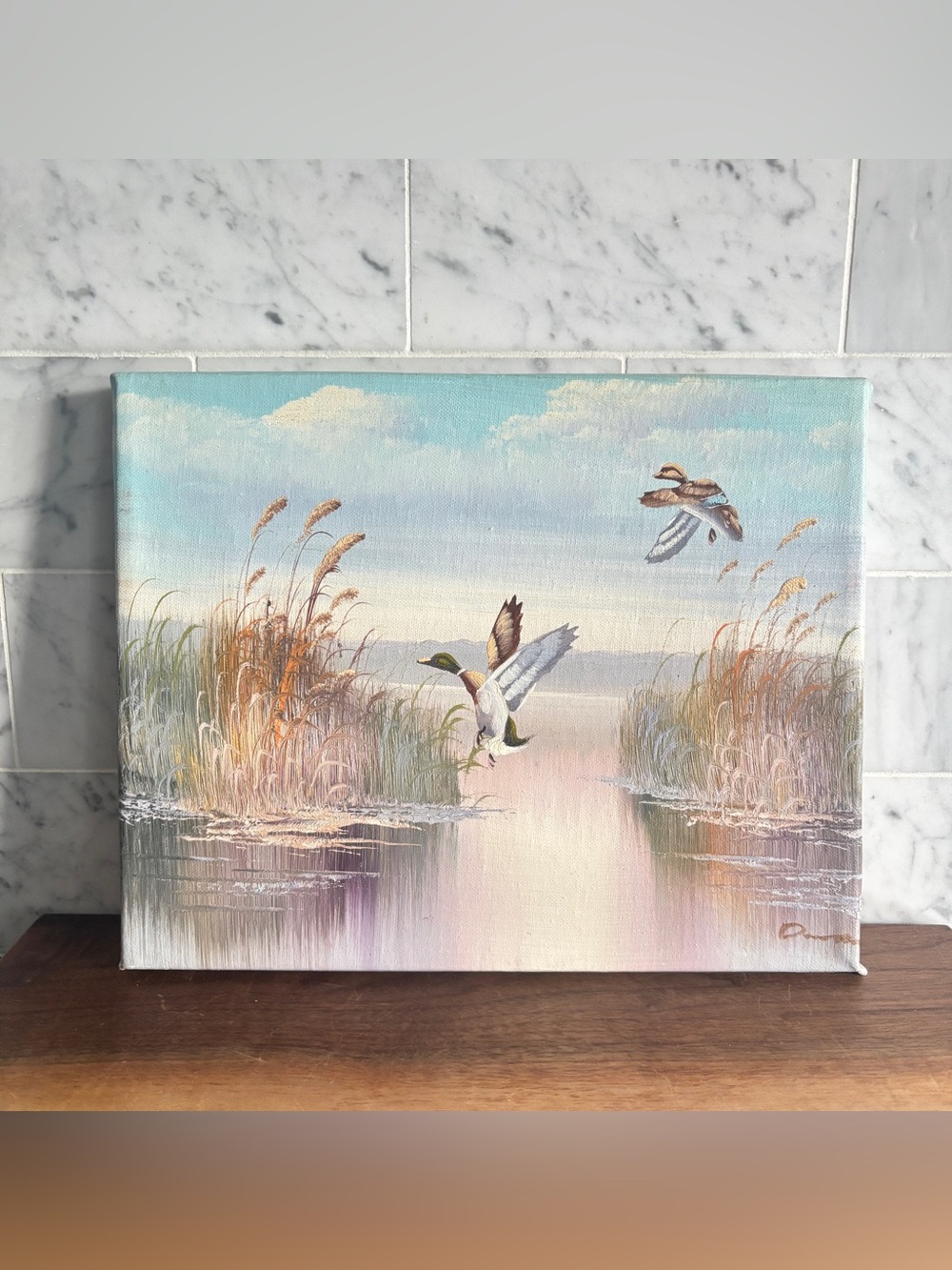 Vintage Unframed and Signed Original Painting of Ducks Over Water Landscape